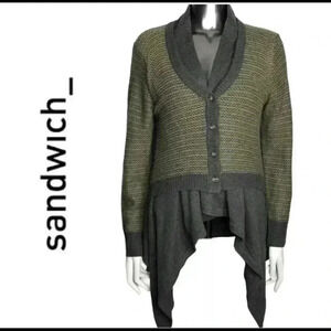 Sandwich_ Button Front Multi Layer Cardigan Green Grey Size Small